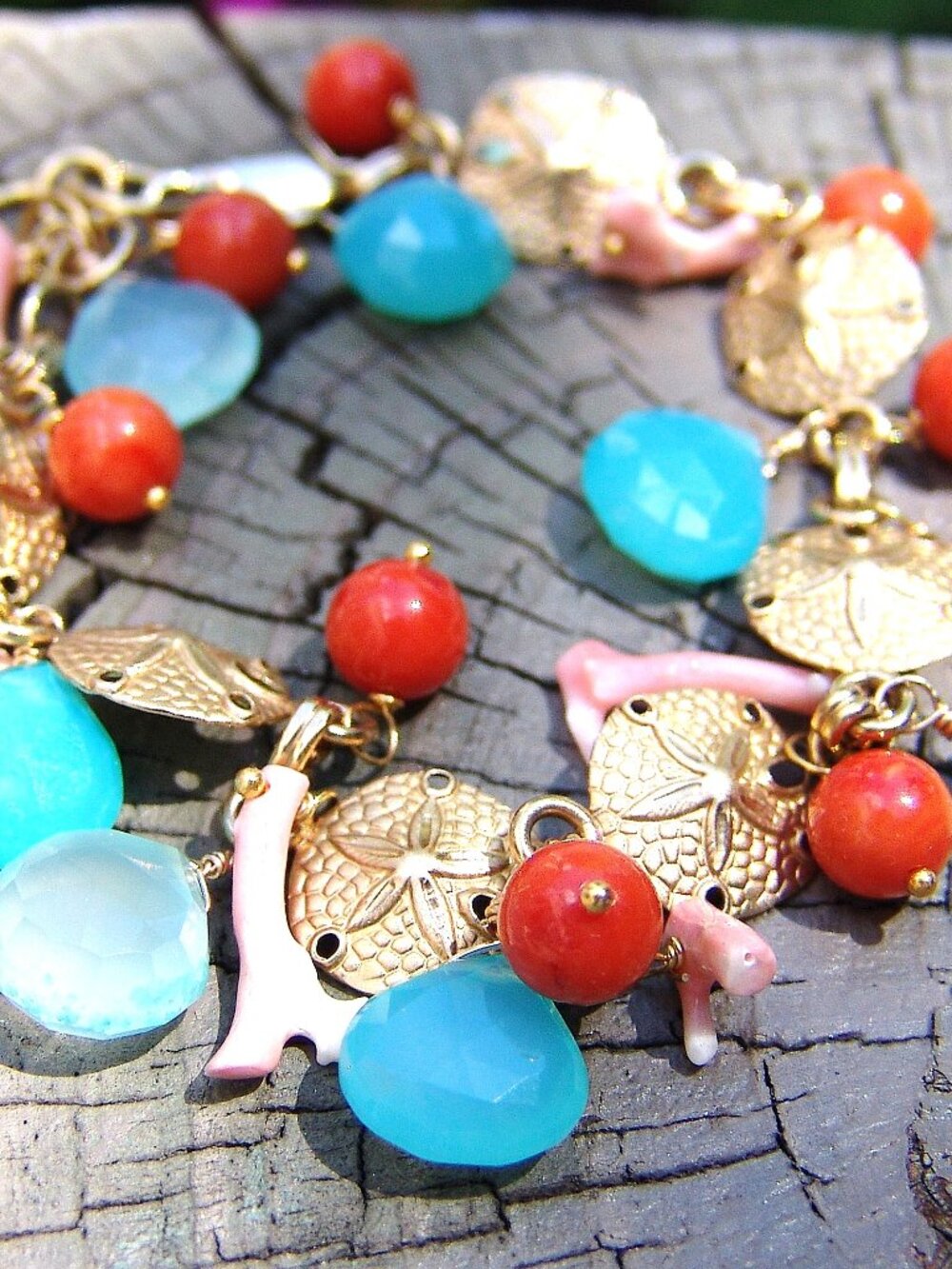 14K GF Sand Dollar Coral Blue Chalcedony Charm Bracelet